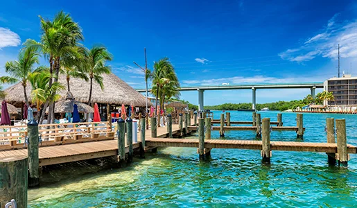Key Largo dock with palms and bridge.